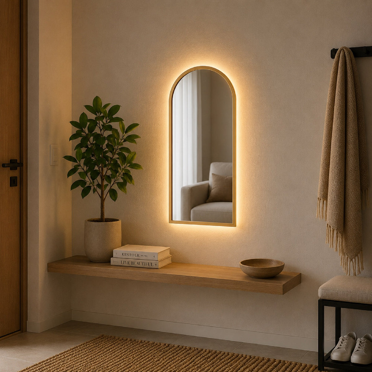 Espejo arco con luz LED marco dorado decorando un ambiente