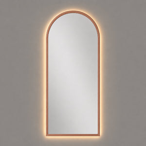 Espejo arco con luz LED cálida y marco MDF oro rosa, 50x100 cm
