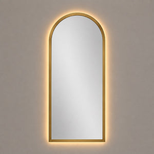 Espejo arco con luz LED cálida y marco MDF dorado, 60x120 cm