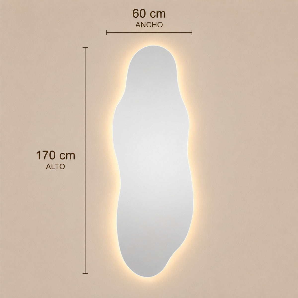 Medidas del espejo irregular flotante bergen: 60 cm de ancho x 170 cm de alto