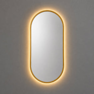 Espejo ovalado con luz LED cálida y marco MDF dorado, 40x80 cm