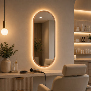 Espejo ovalado con luz LED marco oro rosa decorando un ambiente