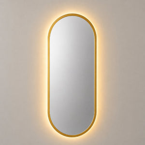 Espejo ovalado con luz LED cálida y marco MDF dorado, 60x120 cm