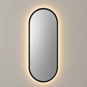 Espejo ovalado con luz LED cálida y marco MDF negro, 60x120 cm