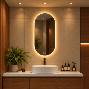 Espejo Baño Ovalado Meca 40x80 Cm Con Luz Led Cálida y Antiempañante