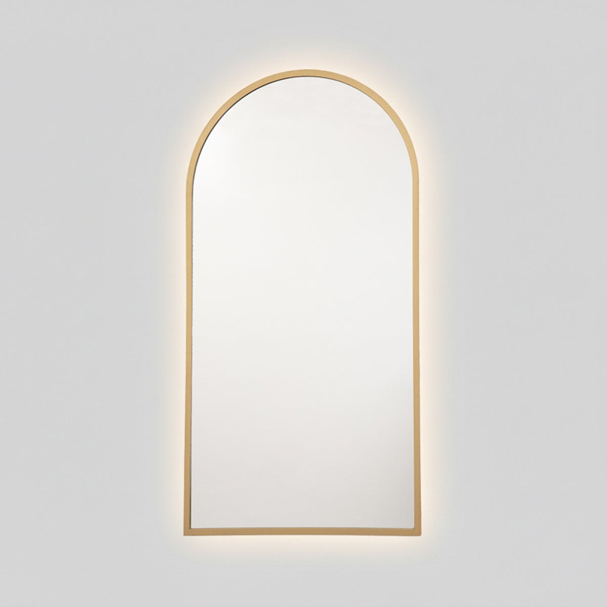 Espejo arco con luz LED cálida y marco MDF dorado, 50x100 cm