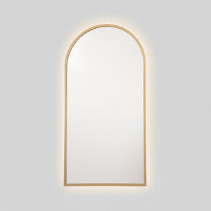 Espejo arco con luz LED cálida y marco MDF dorado, 50x100 cm