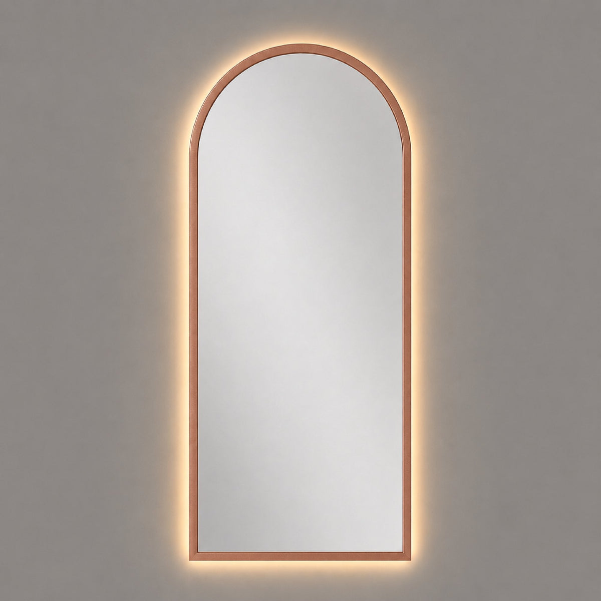 Espejo arco con luz LED cálida y marco MDF oro rosa, 50x100 cm