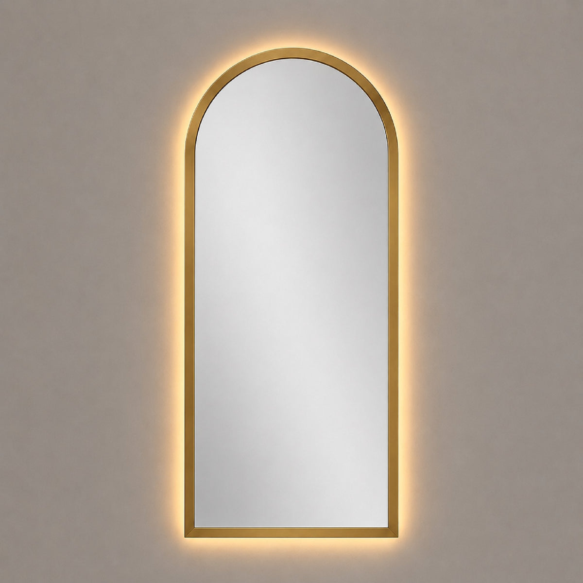 Espejo arco con luz LED cálida y marco MDF dorado, 60x120 cm