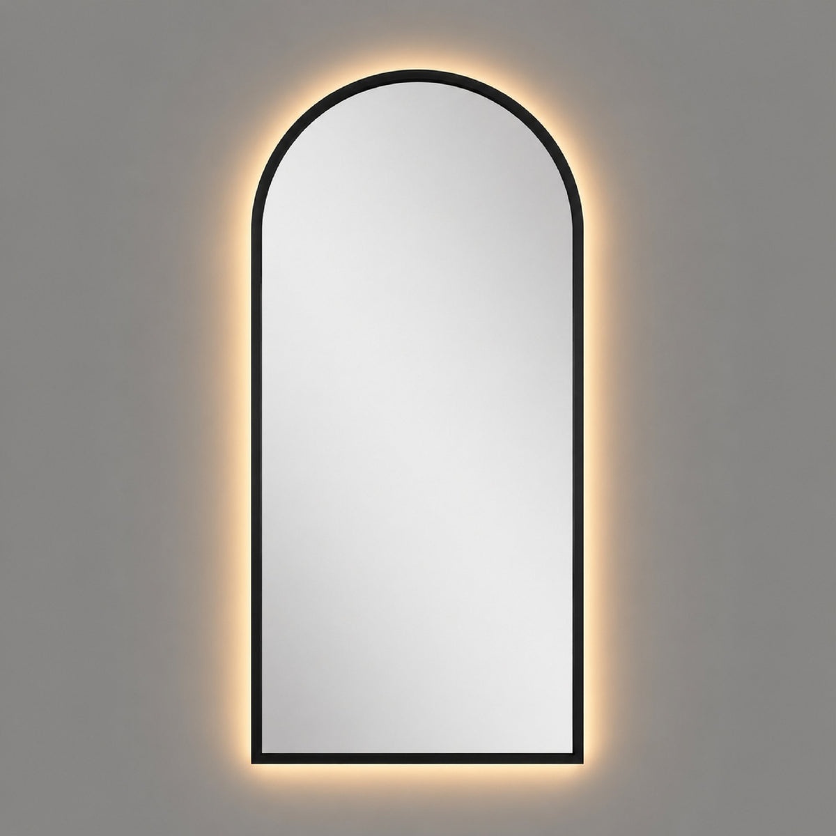Espejo arco con luz LED cálida y marco MDF negro, 60x120 cm