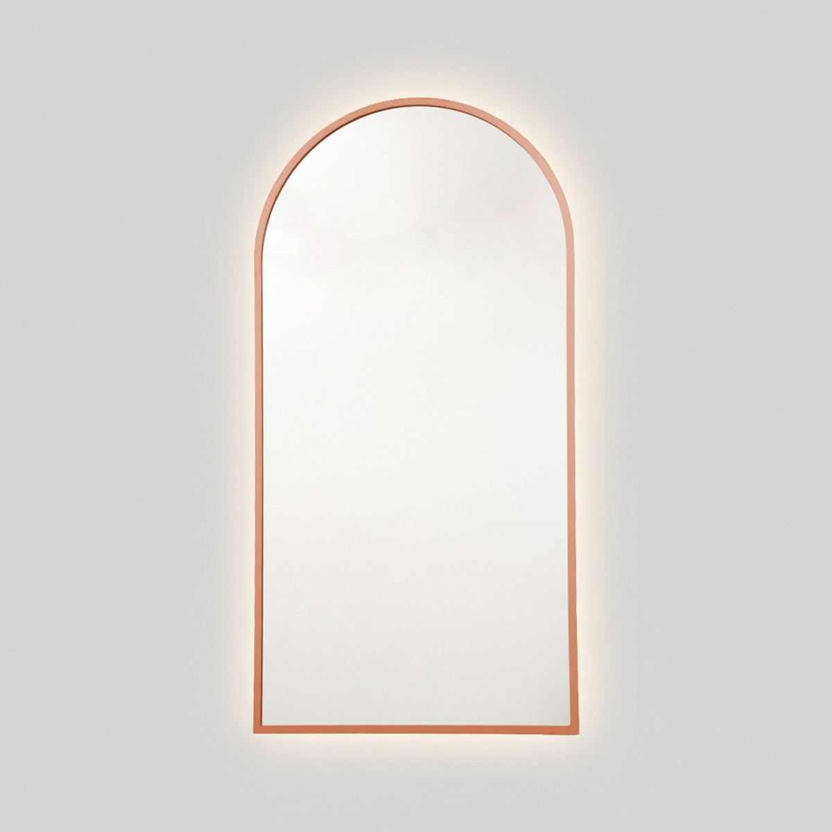 Espejo arco con luz LED cálida y marco MDF oro rosa, 60x120 cm