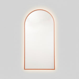 Espejo arco con luz LED cálida y marco MDF oro rosa, 60x120 cm