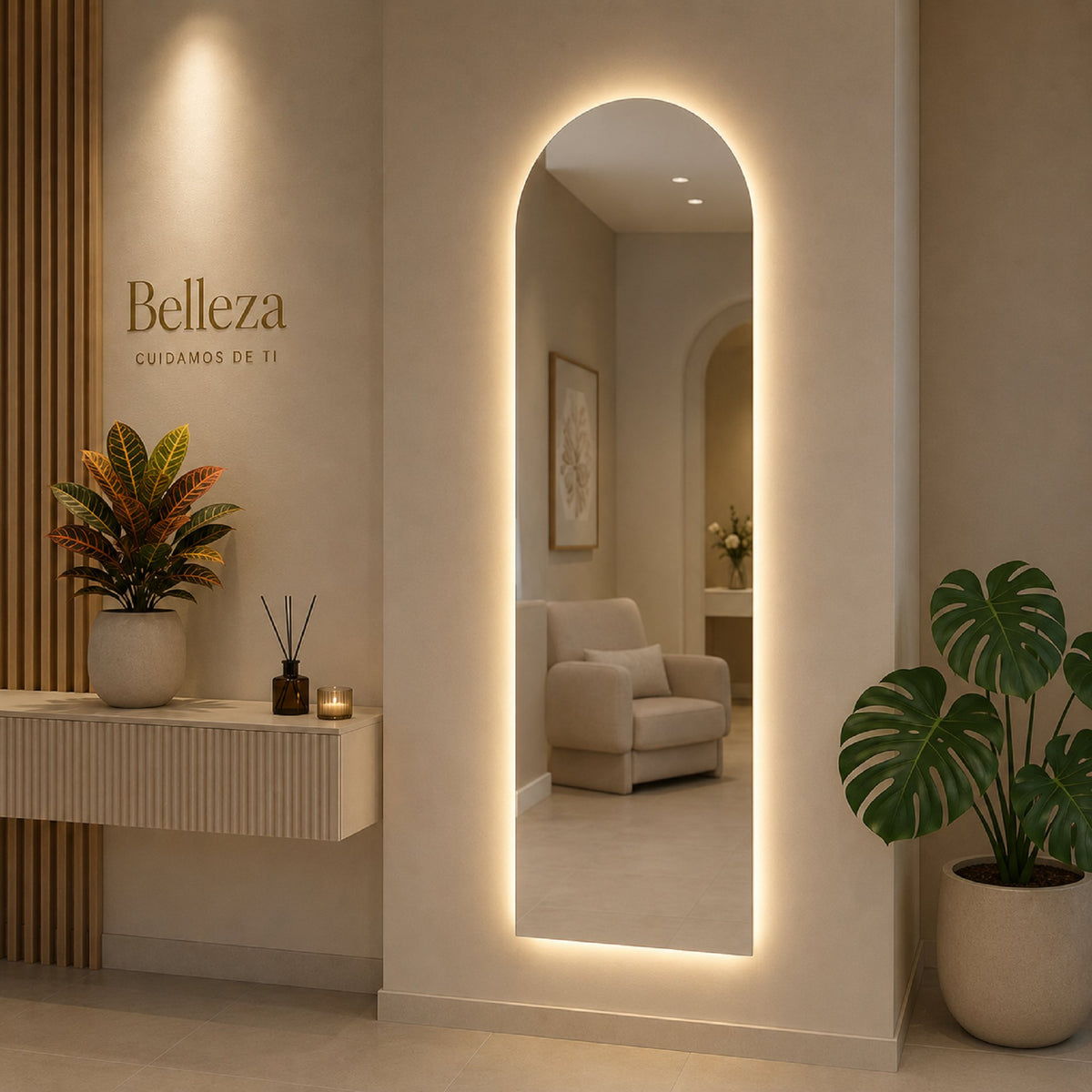 Espejo Arco Flotante Verona con luz LED decorando un ambiente