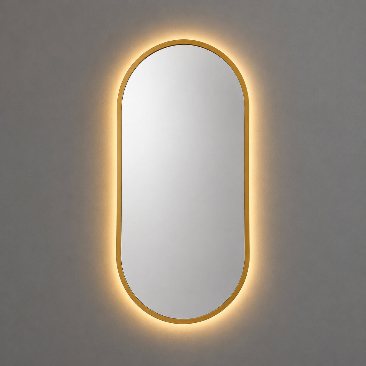 Espejo ovalado con luz LED cálida y marco MDF dorado, 40x80 cm