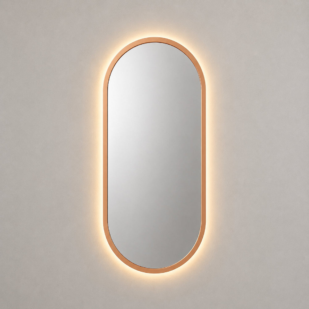 Espejo ovalado con luz LED cálida y marco MDF oro rosa, 40x80 cm