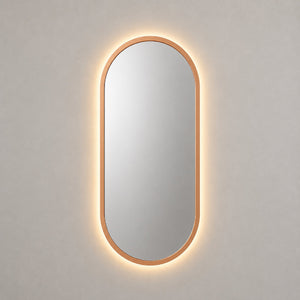 Espejo ovalado con luz LED cálida y marco MDF oro rosa, 40x80 cm