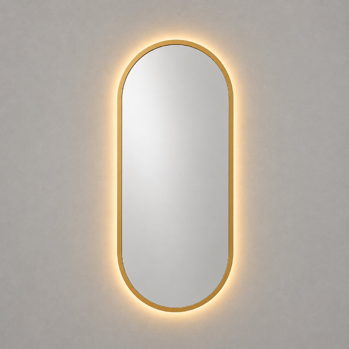 Espejo ovalado con luz LED cálida y marco MDF dorado, 50x100 cm