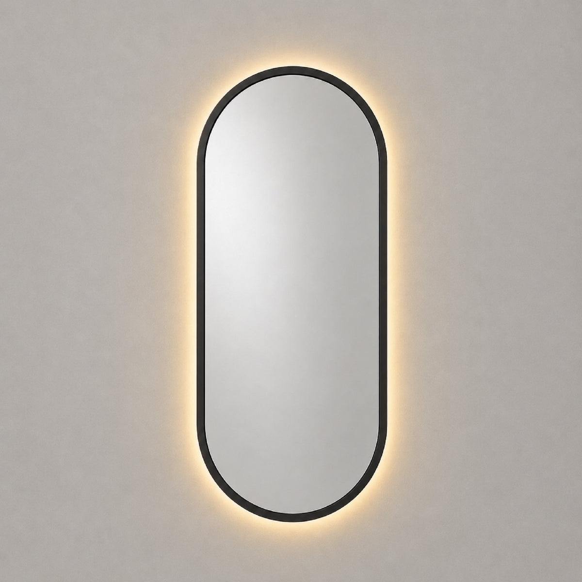 Espejo ovalado con luz LED cálida y marco MDF negro, 50x100 cm