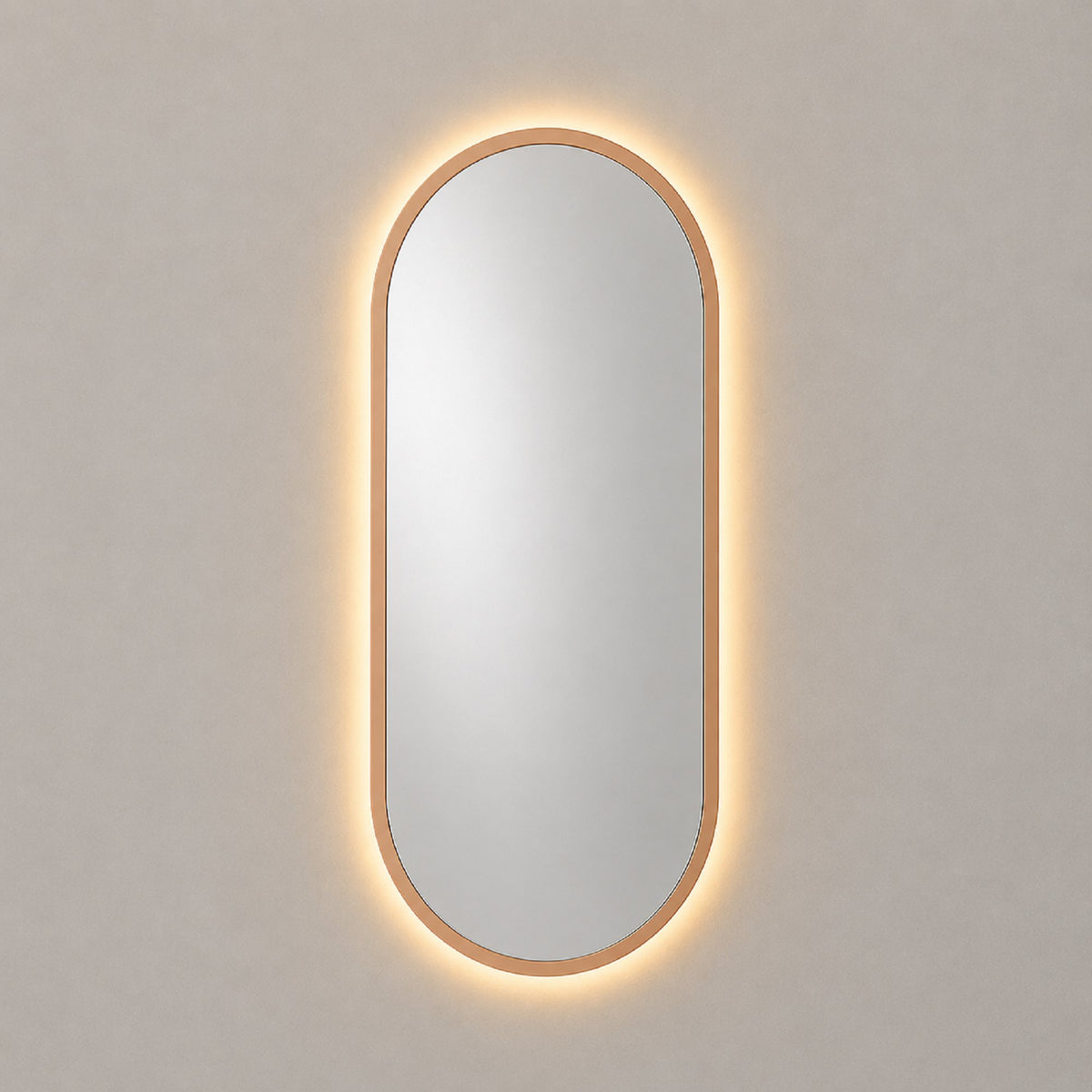 Espejo ovalado con luz LED cálida y marco MDF oro rosa, 50x100 cm