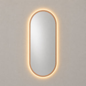 Espejo ovalado con luz LED cálida y marco MDF oro rosa, 50x100 cm