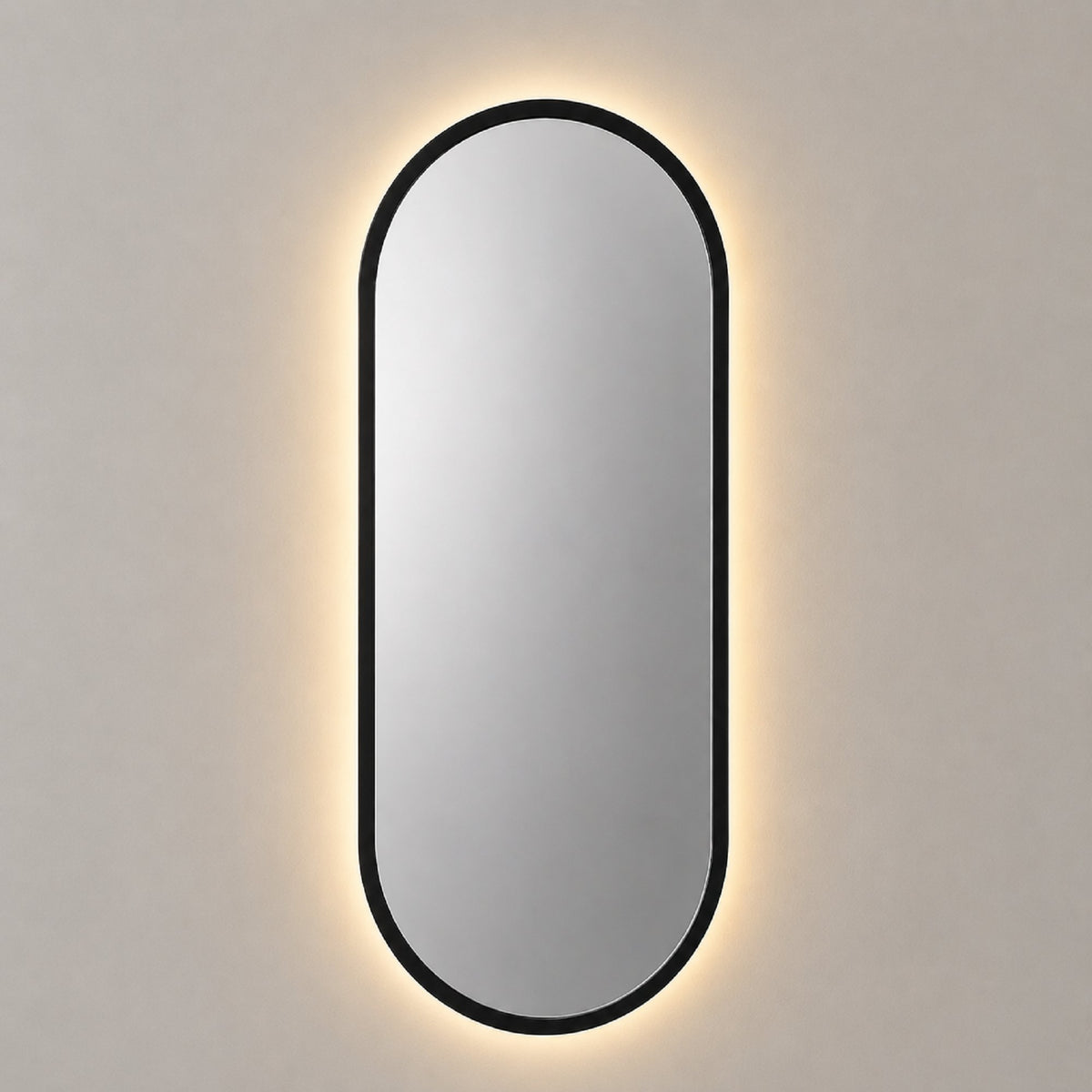 Espejo ovalado con luz LED cálida y marco MDF negro, 60x120 cm