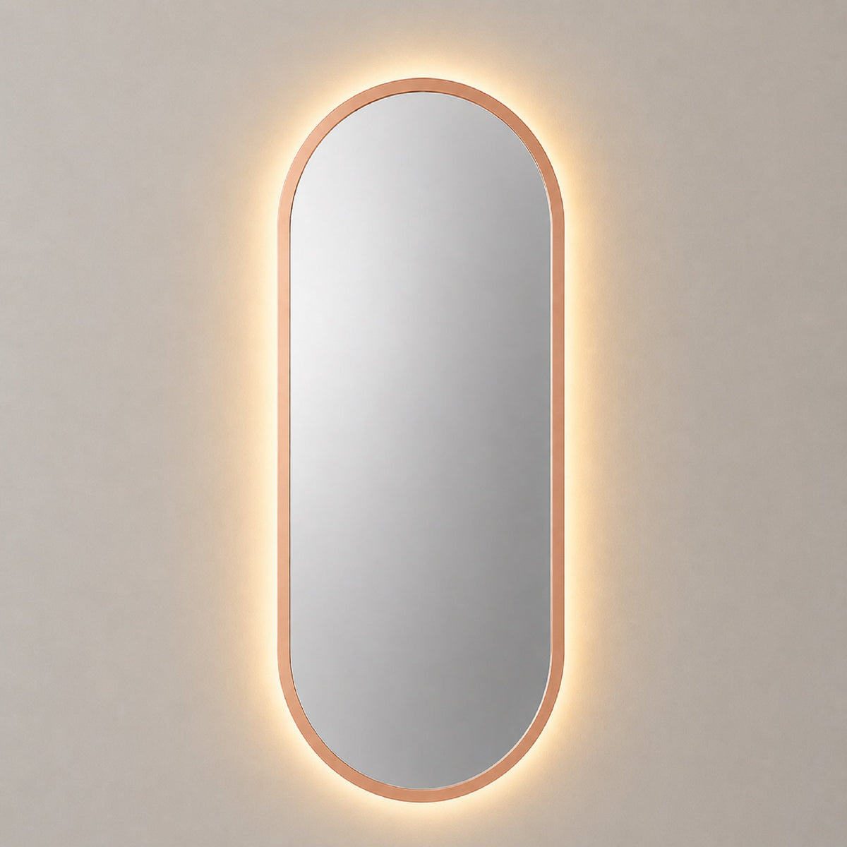 Espejo ovalado con luz LED cálida y marco MDF oro rosa, 60x120 cm