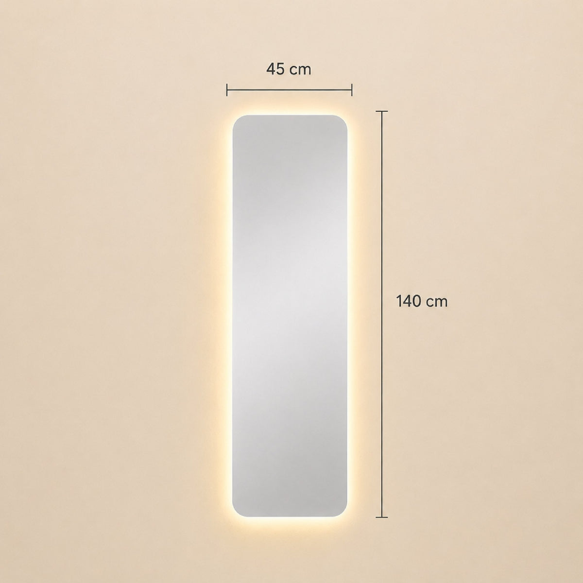 Medidas del espejo rectangular flotante parma: 45 cm de ancho x 140 cm de alto