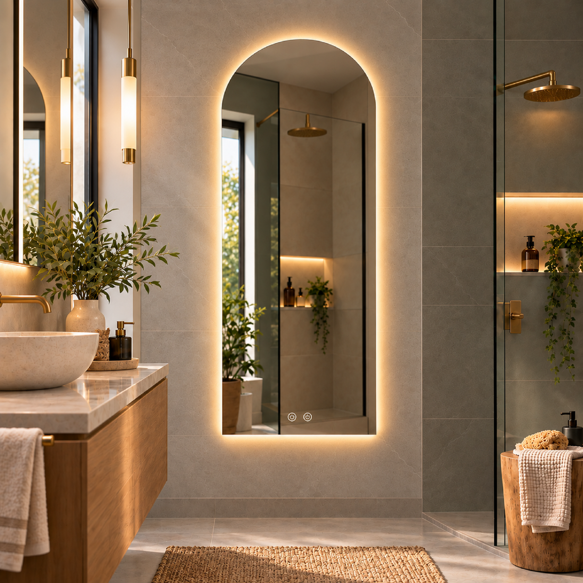 Espejo Baño Arco Atenas 60x120 Cm Con Luz Led Cálida y Antiempañante