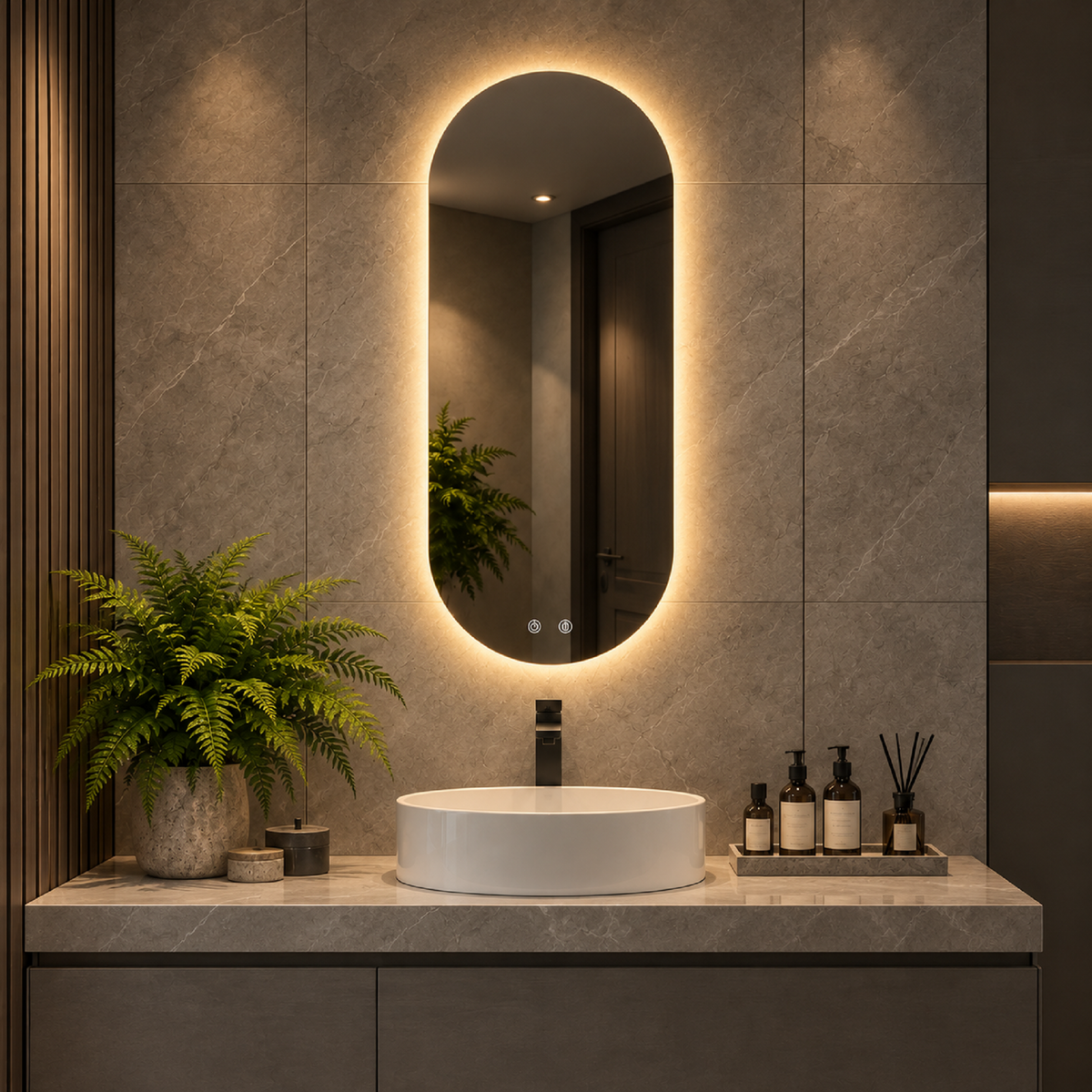 Espejo Baño Ovalado Meca 60x120 Cm Con Luz Led Cálida y Antiempañante