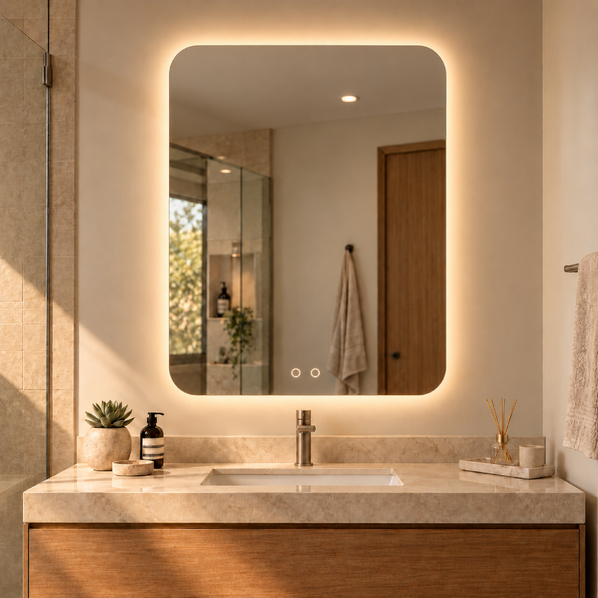 Espejo Baño Rectangular Alhambra 80x100 Cm Con Luz Led Cálida y Antiempañante
