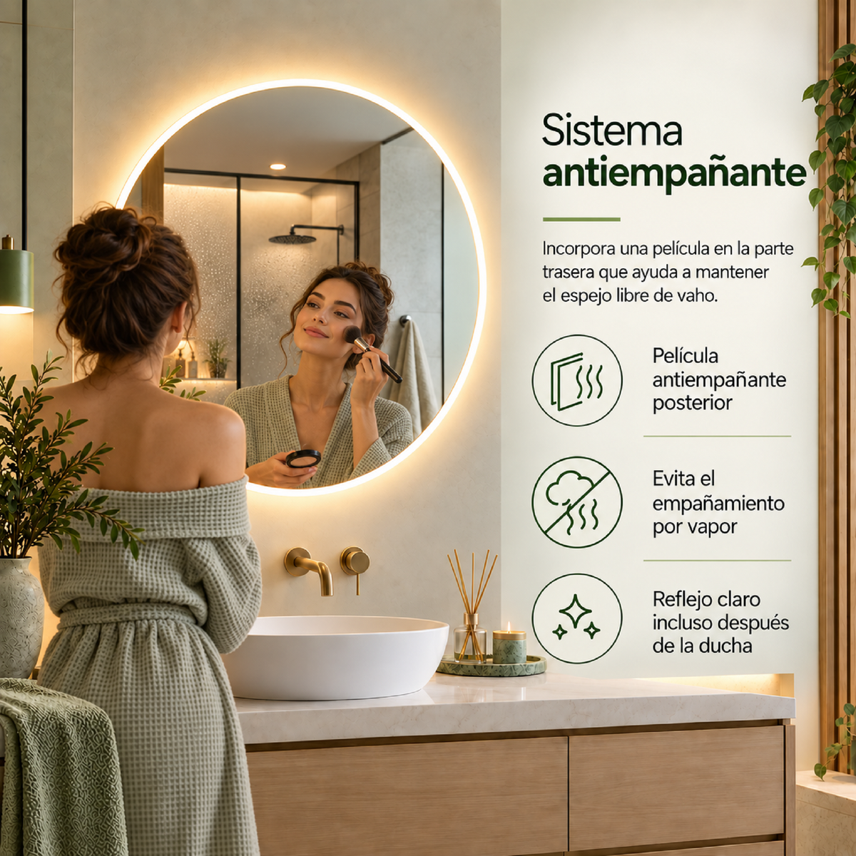 Espejo Baño Redondo Petra 60 Cm Con Luz Led Cálida y Antiempañante