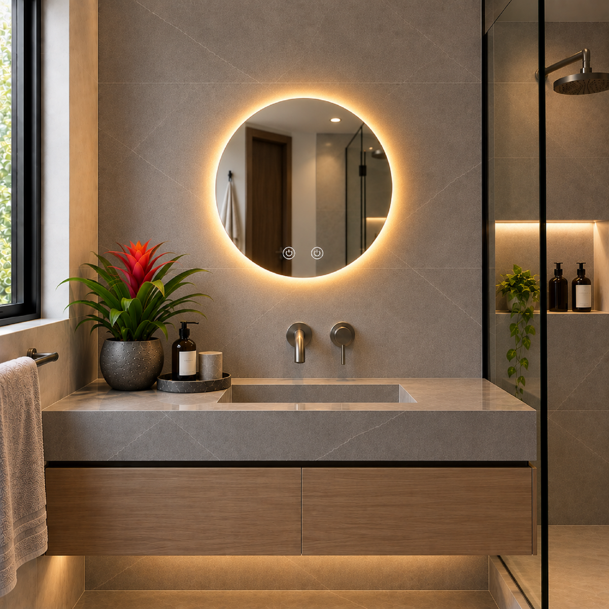 Espejo Baño Redondo Petra 50 Cm Con Luz Led Cálida y Antiempañante