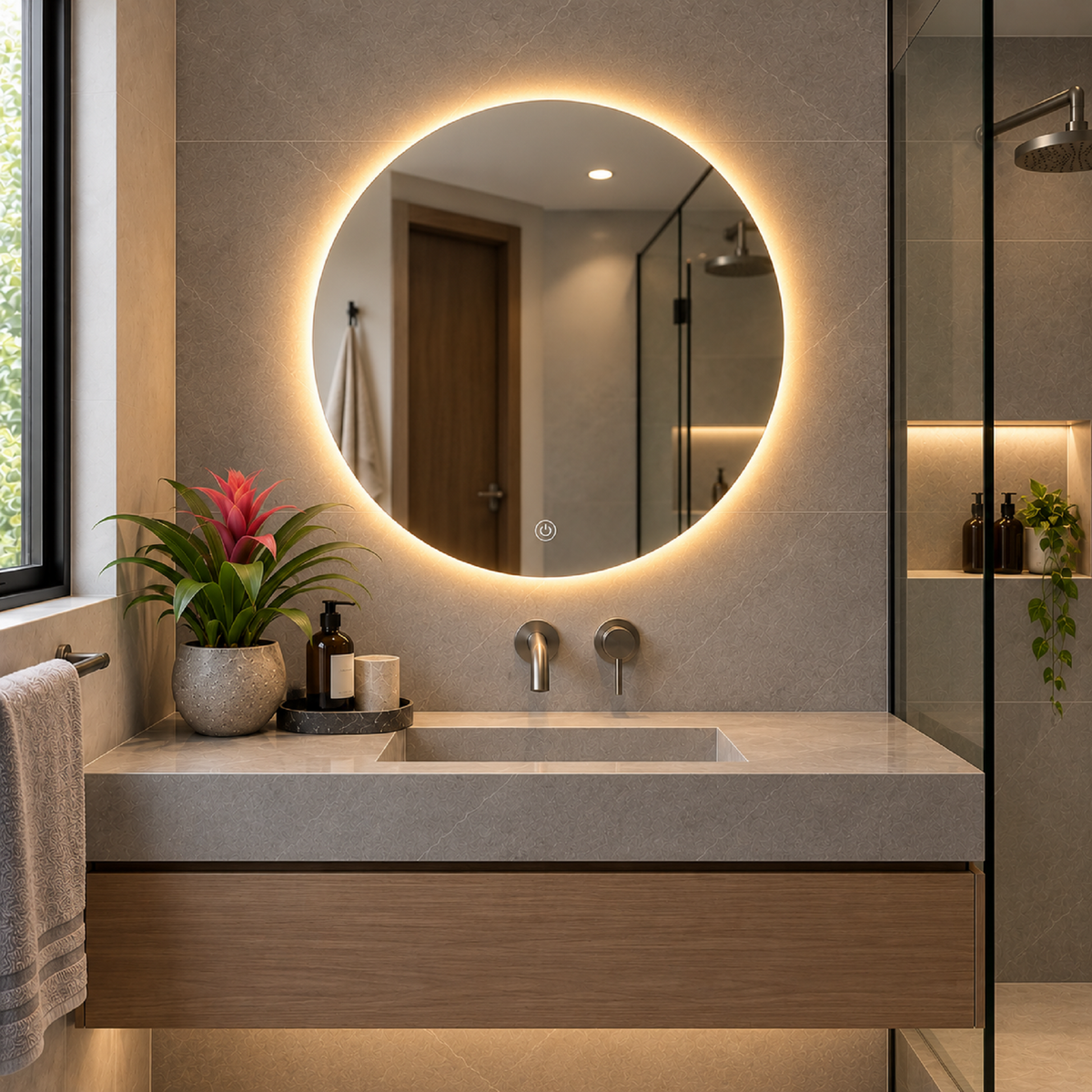 Espejo Baño Redondo Petra 60 Cm Con Luz Led Cálida