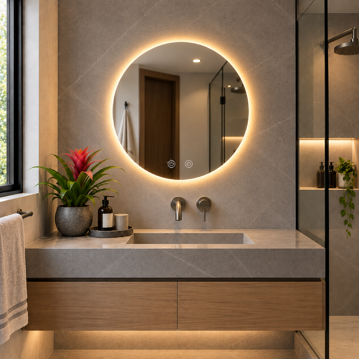 Espejo Baño Redondo Petra 60 Cm Con Luz Led Cálida y Antiempañante