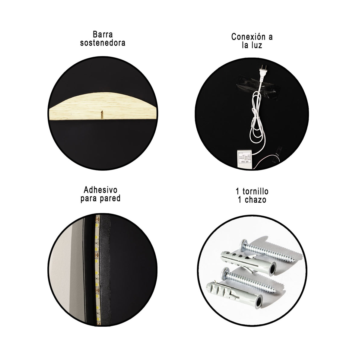 Incluye barra sostenedora, conexión a la luz, adhesivo para pared, tornillo y chazo